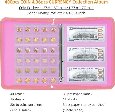 Coin Collection Album Holder for Collectors, 400 Pockets Fireproof Coin Collection Book & 36 Paper Money Organizer Binder for Coin Currency Collection Supplies,Pennies,Bill,Tokens,Badges in Kuwait