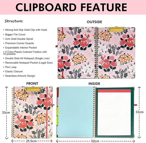 Spiral Clipboard Folio with Refillable Lined Notepad, 5 Extra Folders, 10 Pockets, File Label, Elastic Closure, Pen Loop (GentleBlue, A4) in Saudi Arabia