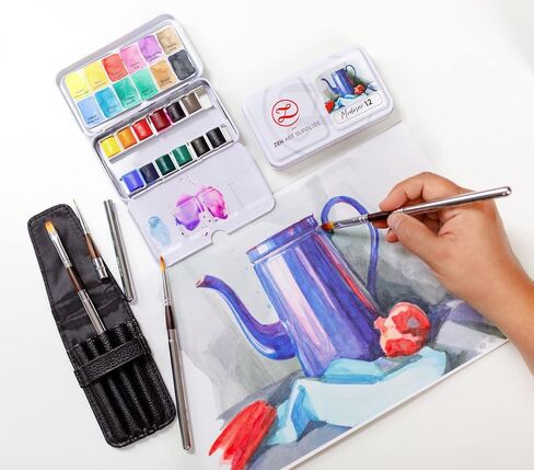 Watercolor Brushes Professional Synthetic Set - 6 Faux Squirrel Artist Watercolor Paint Brushes for Gouache, Acrylics, Ink and Wet Media. Beginner-Friendly with Great Flow Control and Snap - by ZenART in Kuwait