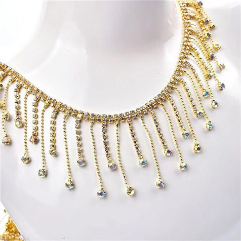 5. 5cm high-Grade Tassel Chain lace, Metal Tassel Rhinestone Handmade DIY Fashion Clothing Decorative Chain, Clothing Decorative Accessories, (1yard) (Gold Bottom Color Drill) in Saudi Arabia