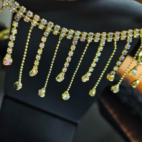 5. 5cm high-Grade Tassel Chain lace, Metal Tassel Rhinestone Handmade DIY Fashion Clothing Decorative Chain, Clothing Decorative Accessories, (1yard) (Gold Bottom Color Drill) in Saudi Arabia