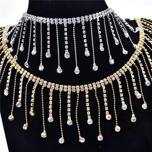 5. 5cm high-Grade Tassel Chain lace, Metal Tassel Rhinestone Handmade DIY Fashion Clothing Decorative Chain, Clothing Decorative Accessories, (1yard) (Gold Bottom Color Drill) in Saudi Arabia