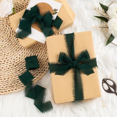 3 Rolls Fringe Chiffon Silk Ribbon,1.5" x 21Yd (3 Rolls *7Yd) for Gifts Wrapping,Wedding Invitations,Bouquets,Decorations,Craft-Dark Green in Saudi Arabia