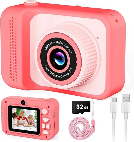 Kids Camera Toy for Age 3-8 Boys Girls, Birthday for Toddler3 4 5 6 7 8 Years Old, Children Selfie Digital Video Cameras with Protective Silicone Cover, 32GB SD Card, HD 1080p (Green) in Saudi Arabia