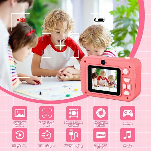 Kids Camera Toy for Age 3-8 Boys Girls, Birthday for Toddler3 4 5 6 7 8 Years Old, Children Selfie Digital Video Cameras with Protective Silicone Cover, 32GB SD Card, HD 1080p (Green) in Saudi Arabia