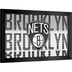 مرآة حائط عالمية ذات علامة تجارية - مرآة مستطيلة بإطار أسود جاهزة للتعليق من Brooklyn Nets City - للحانة أو غرفة الألعاب أو المرآب أو البار المنزلي