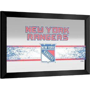 Trademark Global Wall Mirror - Ready-to-Hang New York Rangers Logo Black Framed Rectangle Mirror - for Pub, Game Room, Garage or Home Bar