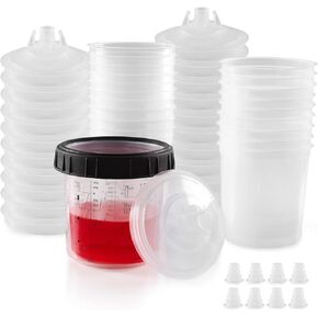 Spray Paint Cups Paint Spray Gun Cup Liners and Lid System 20 Paint Cups Pack 20 Ounces (600ml) Kit Includes 20 Lids with Strainer,1 Hard Cup with Retainer Ring 8 Plugs 20 Cups