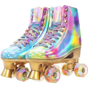 Roller Skates for Women, Holographic High Top PU Leather Rollerskates, Shiny Double-Row Four Wheels Quad Skates for Girls and Age 8-50 Indoor Multicolor (Rainbow)