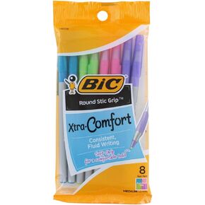 BIC Round Stic Grip Xtra Comfort Fashion Ballpoint Pens, Assorted Fashion Colors, Pack of 8