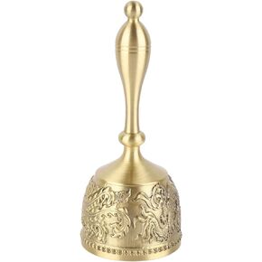 Hand Bell 4.7 Inch Brass Antique Handbell, Call Bell Brass Wedding Bells Curved Handle for School Reception Dinner Shop Hotel Service Meditation Prayer Pet Feeding