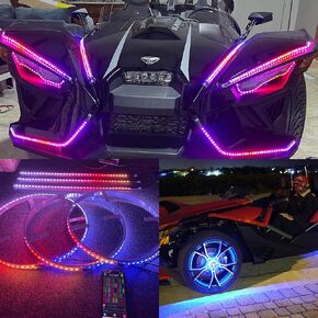 Sando Tech 15.5‘’ Dream Chase Color Flows Flashing Led Wheel Ring Light + 3PCS 4ft LED Underglow Strip Light 6Plugs Sync Bluetooth Ctrl Fit for Polaris Slingshot Wheel Well Shield