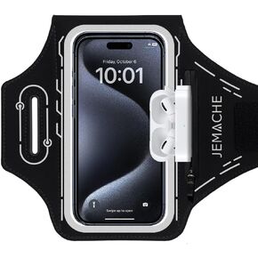 iPhone 15 Pro Max, 14 Pro Max Armband, JEMACHE Gym Workouts Running Phone Arm Band for iPhone 15/14 Plus, 15/14/13/12/11 Pro Max with Airpods Holder (Black)