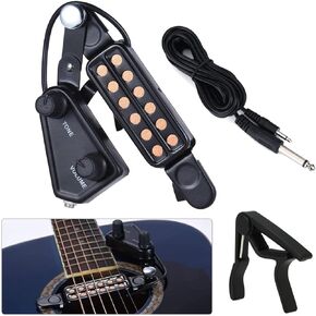 ENASGLOO 12-Hole Guitar Pickup Acoustic Electric Transducer for Acoustic Guitar Magnetic Preamplifier with Guitar Capo & 10 FT Audio Cable