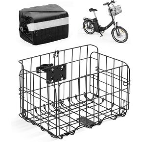 ANZOME Folding Bike Basket Front, Metal Bicycle Basket with a Fixed Holder and Waterproof Rainproof Cover, Rust-Resistant Electric Bicycle Front Baskets Accessories for Women and Men