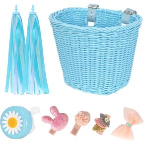 RAYMACE Kids Bike Basket Streamers Bell Set, Children's Bicycle Handlebar Basket with 4pcs Girl Hair Clips, Cute Accessories Kit for Kids' Bike, Scooter