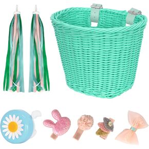 RAYMACE Kids Bike Basket Streamers Bell Set, Children's Bicycle Handlebar Basket with 4pcs Girl Hair Clips, Cute Accessories Kit for Kids' Bike, Scooter