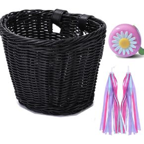 Bike Basket Kid Bicycle Basket Bike Accessories, 1pc Bicycle Bell with Stickers, 1pc Kid Bicycle Front Basket and 1pairs Colorful Ribbons Tassels Decoration for Girl Boy