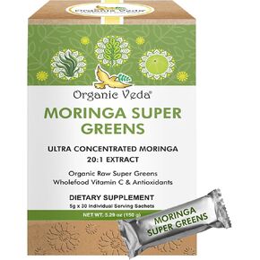 Organic Veda Moringa Powder Super Greens - 20 X Concentrated Moringa Leaf Extract with Amla, Wheatgrass, Spirulina, Chlorophyll for Tea, Cooking - Boosts Energy, Metabolism, Immunity - 5g X 30 Sachets