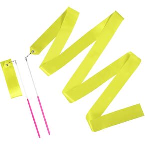 2pcs Dance Ribbons, 2m Kids Long Gymnastics Ribbon Twirling Ribbons Dancing Ribbon Streamers for Artistic Dance Training Party, with Ribbon Dancer Wand (Light Yellow)