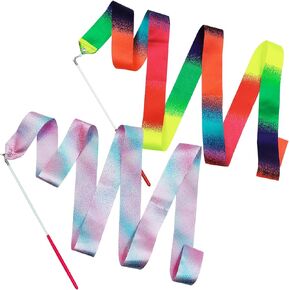 IOUALEY 2pcs Dance Ribbons, 78.7 Inch Rhythmic Gymnastics Ribbons Twirling Sparkling Dancing Ribbons Rainbow Streamer with Twirling Wands Stick for Artistic Training Circus Birthday Party Favors
