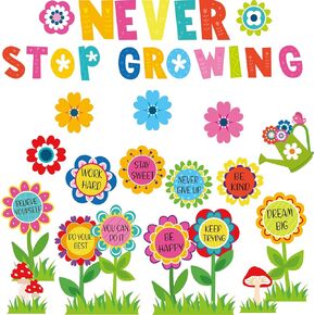 Funrous 90 Pcs Spring Bulletin Board Decorations Classroom Positive Sayings Bulletin Board Set Never Stop Growing Flowers Cutouts Inspirational for Teachers School Office Chalkboard Supplies (Floral)