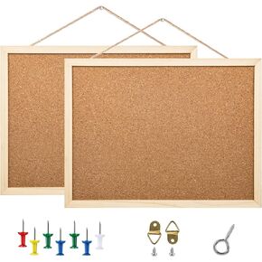 2 Pack Cork Board Bulletin Board, 15.7"X 11.81" inches with Oak Wood Finish Frame, for Wall Office Home and School (Pins, Eye Bolts, gaskets, Screws)