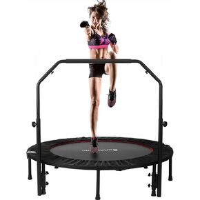 48" Foldable Fitness Trampolines, Rebound Recreational Exercise Trampoline with 4 Level Adjustable Heights Foam Handrail, Jump Trampoline for Kids and Adults Indoor&Outdoor, Max Load 440lbs