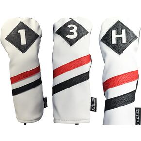 Majek Retro Golf Headcovers White Red and Black Vintage Leather Style 1 3 H Driver Fairway Wood and Hybrid Head Cover Classic Look