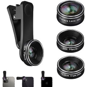 Phone Camera Lens, 198 Fisheye Lens + 120 Super Wide-Angle Lens + 20x Macro Lenses Camera Photography Accessories kit Gadgets for iPhone Samsung Android Smartphone
