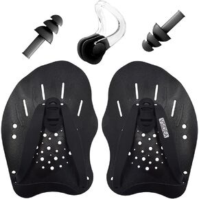 Vsidea Swim Training Hand Paddles with Ear Plugs and Nose Clip, Adjustable Straps Contour Swimming Paddles for Women Men and Children Professional Swimming Accessories