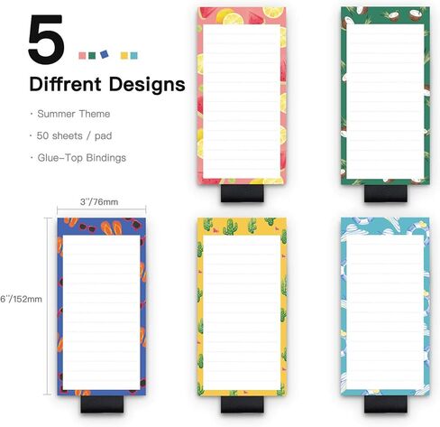 5 Pack Magnetic Notepads for Fridge with Pen Holder, Full Magnet Back Notepad, To Do List, Grocery Shopping, Summer Theme, 6" x 3", 50 Sheets, Magnet Memo Pad for Fridge, Locker, File Cabinet, etc in Kuwait