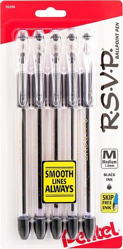 بنتيل R.S.V.P. قلم حبر جاف، خط متوسط، حبر أسود، 5 عبوات (BK91BP5A) in Kuwait