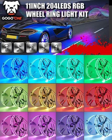 طقم إضاءة حافة العجلة LED RGB مقاس 11 بوصة مع فرامل إشارة الانعطاف، 204 مصابيح LED، أضواء نيون مناسبة لعربة الجولف ATV UTV (قطر فرامل الفرامل الدوارة ≥9". محور عجلة الحافة ضياء الشفاه الداخلي ≥15") in Kuwait