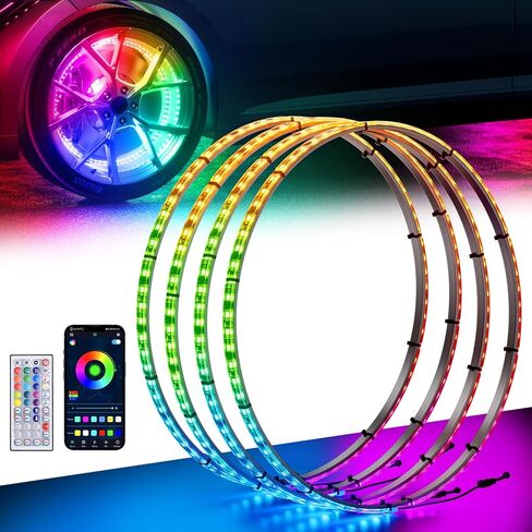 أضواء عجلة Ehaho مقاس 15.5 بوصة، مصابيح LED لمطاردة الأحلام RGB أكثر سطوعًا مع التطبيق وجهاز التحكم عن بعد، أضواء حلقة عجلة الموسيقى مع إشارة الانعطاف والكبح متوافقة مع سيارة Jeep Trucks SUV (4 قطع) in Kuwait