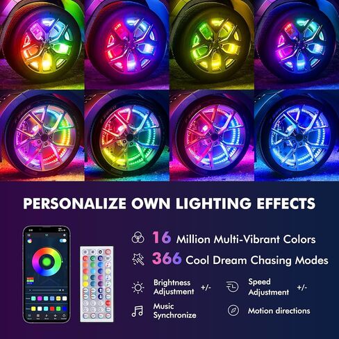 أضواء عجلة Ehaho مقاس 15.5 بوصة، مصابيح LED لمطاردة الأحلام RGB أكثر سطوعًا مع التطبيق وجهاز التحكم عن بعد، أضواء حلقة عجلة الموسيقى مع إشارة الانعطاف والكبح متوافقة مع سيارة Jeep Trucks SUV (4 قطع) in Kuwait