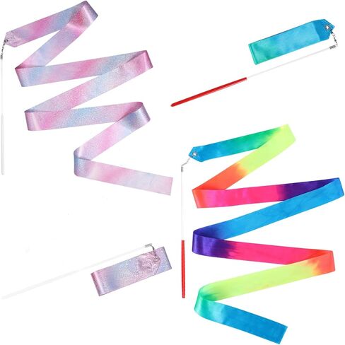 KINBOM قطعتان من أشرطة الرقص، شريط طويل للجمباز بطول 2 متر، أشرطة دوارة للرقص لحفلات تدريب الرقص الفني، مع عصا راقصة شريطية (ألوان مختلطة + لامعة) in Kuwait