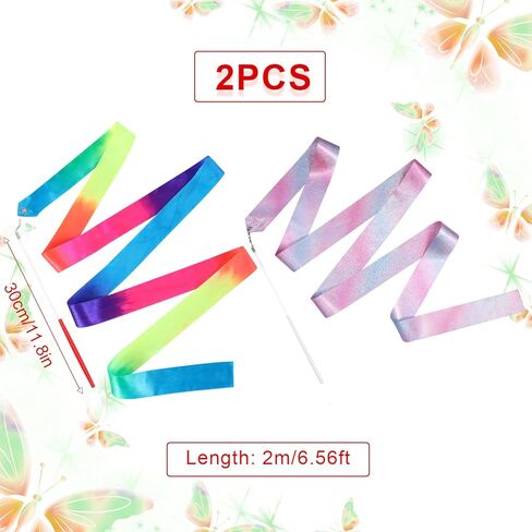 KINBOM قطعتان من أشرطة الرقص، شريط طويل للجمباز بطول 2 متر، أشرطة دوارة للرقص لحفلات تدريب الرقص الفني، مع عصا راقصة شريطية (ألوان مختلطة + لامعة) in Kuwait