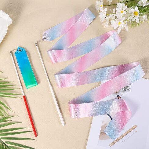 KINBOM قطعتان من أشرطة الرقص، شريط طويل للجمباز بطول 2 متر، أشرطة دوارة للرقص لحفلات تدريب الرقص الفني، مع عصا راقصة شريطية (ألوان مختلطة + لامعة) in Kuwait