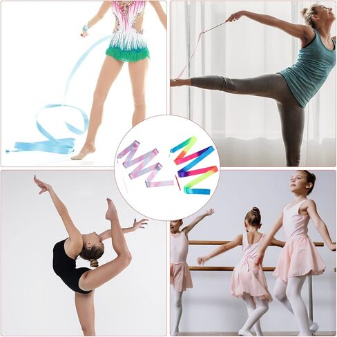 KINBOM قطعتان من أشرطة الرقص، شريط طويل للجمباز بطول 2 متر، أشرطة دوارة للرقص لحفلات تدريب الرقص الفني، مع عصا راقصة شريطية (ألوان مختلطة + لامعة) in Kuwait