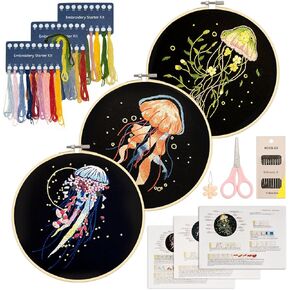 XM-GENYUE 3 Sets Jellyfish Pattern Embroidery Kit for Beginners with Instructions, Learn Multiple Different Stitches, Includes Wooden Hoop, Color Threads, Tools, Easy to Follow Instruction & Video