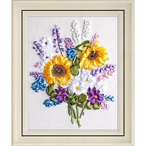 Ribbon Embroidery Kit,Fanryn 3D Silk Ribbon Embroidery Sunflower Flowers Pattern Design Cross Stitch Kit Embroidery for Beginner DIY Handwork Home Decoration Wall Decor 40x50cm (No Frame)
