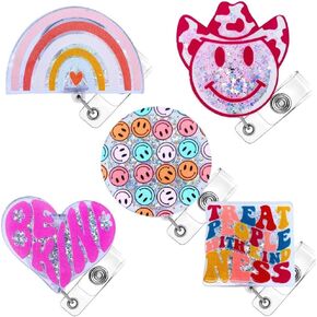 YJ PREMIUMS 5PC Cute Badge Reels | Nurse Badge Reel Retractable Name Acrylic Tags Clips Holder for Nurses Nursing Teacher Pediatric Work Cowboy Funny Girly Pink Lanyard Gifts Essentials Accessories