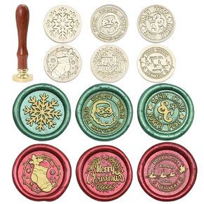 Christmas Wax Seal Stamp Kit - 6 Pcs Wax Seal Stamp Heads 1 Wooden Handle Xmas Wax Seal Kit, Sealing Wax Stamp Set Include Santa Claus/Snowflake/Sledges & Elk/SC Letter/Christmas Stocking/Blessing