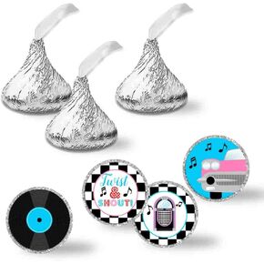 50’s Sock Hop Birthday Party Kiss Sticker Labels, 300 Party Circle Sticker Sized 0.75" for Chocolate Drop Kisses by AmandaCreation, Great for Party Favors, Envelope Seals & Goodie Bags
