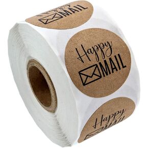 500pcs 1in Round Brown Kraft Mail Stickers Sticker Happy Labels Roll Kraft Paper Roll Packaging Stickers for Envelope Sealing Gift Wrapping Decoration
