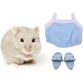 Hamster Costume Set with Shirt, Hat, Shoes, Small Animal Cute Shark Slipper for Real Pets, Cute Mini Rat Holiday Party Clothes, for Fun, Photos. (Size S, Blue Overalls)