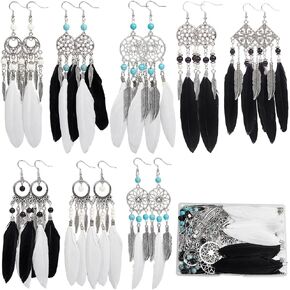 SUNNYCLUE 1 Box 8 Pairs Earrings Making Kit Feathers Charm Bulk Bohemian White Black Feathers Charms Earring Chandelier Charms Bohemian Charms for Jewelry Making Kits Adults Women Gifts Supplies