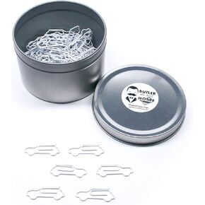 Butler in the Home Automobile Race Car Shaped Paper Clips Great for Paper Clip Collectors or Office Gift - Comes in Round Tin with Lid and Gift Box (100 Count Black)
