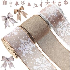 Geosar 3 Rolls 30 Yards Christmas Ribbon Wired 2.5 Inch, Snowflake Edge Ribbon Burlap Ribbon Snowdrift Wired Edge Ribbon Wrapping for Christmas Wreaths Bow Tree DIY Crafts(Brown)